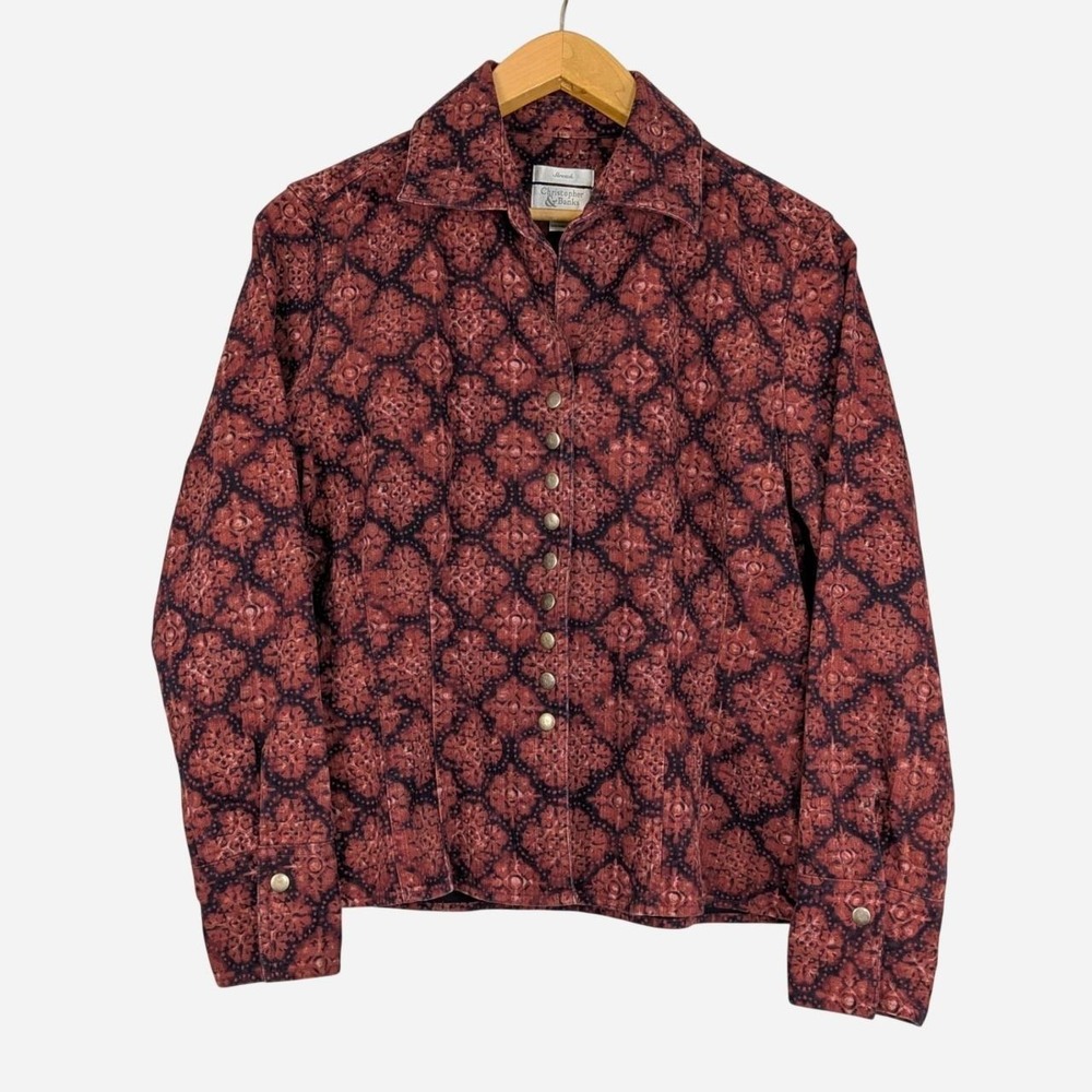 Christopher & Banks Burgundy Black Block Print Snap Front Shirt Jacket Medium